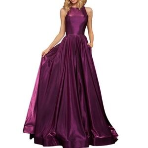 Sherri Hill Metallic Plum Halter Open Back Ball Gown Prom Formal‎ Dress Sz 12